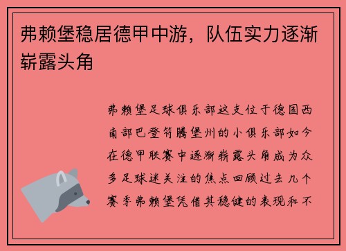 弗赖堡稳居德甲中游，队伍实力逐渐崭露头角